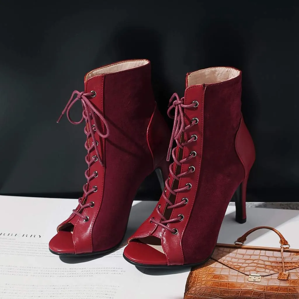 MIOKE Women's Peep Toe Dance Stilettos High Heels Sandals Fashion Sexy Lace Up Ladies Dress Pumps Ankle Booties
