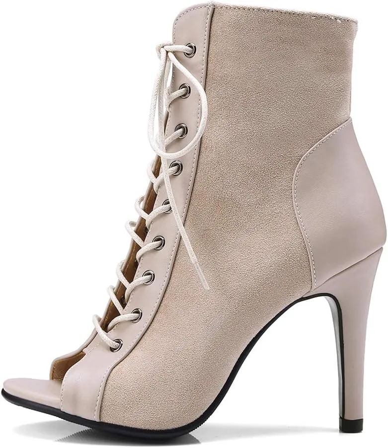 MIOKE Women's Peep Toe Dance Stilettos High Heels Sandals Fashion Sexy Lace Up Ladies Dress Pumps Ankle Booties