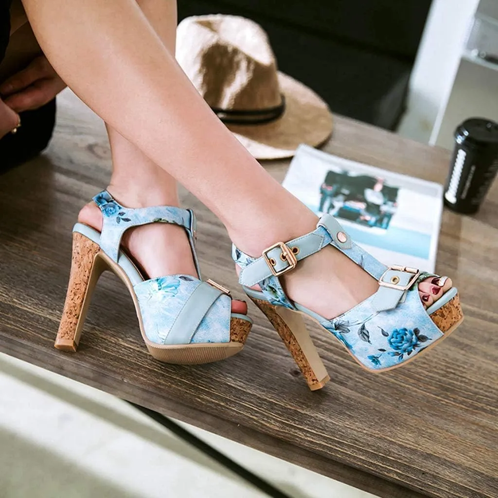 MIOKE Women's Platform Chunky High Heel Sandals T-strap Peep Toe Ankle Strap Block Heeled Dress Sandal