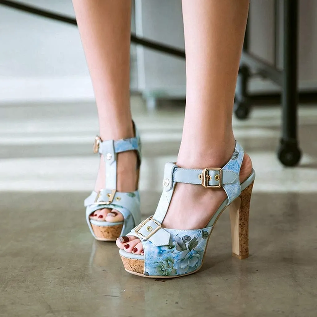 MIOKE Women's Platform Chunky High Heel Sandals T-strap Peep Toe Ankle Strap Block Heeled Dress Sandal