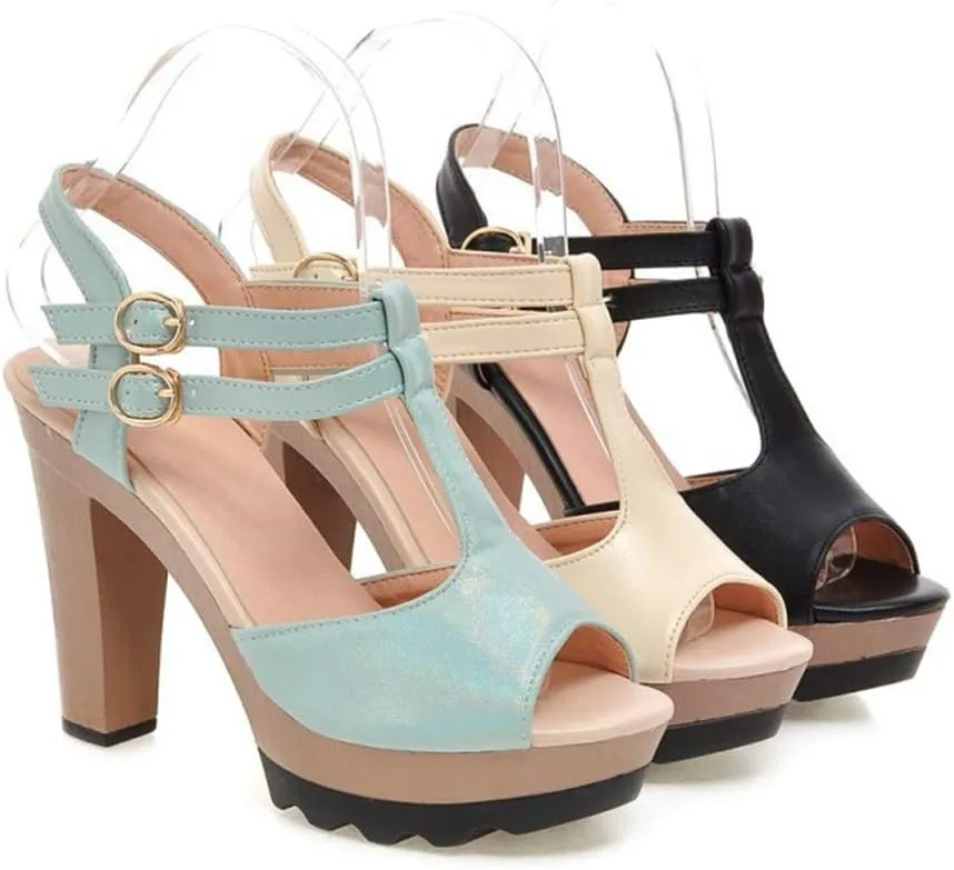 MIOKE Women's Platform Chunky High Heel Sandals T-strap Peep Toe Ankle Strap Block Heeled Dress Sandal