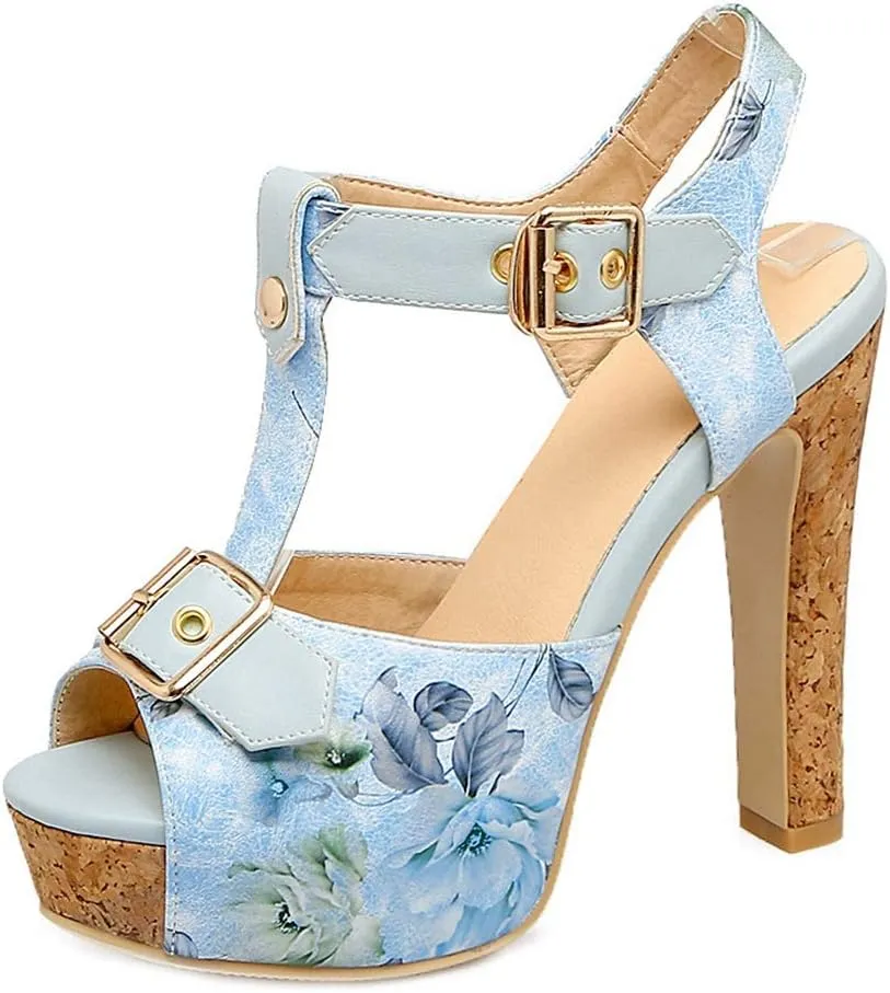 MIOKE Women's Platform Chunky High Heel Sandals T-strap Peep Toe Ankle Strap Block Heeled Dress Sandal