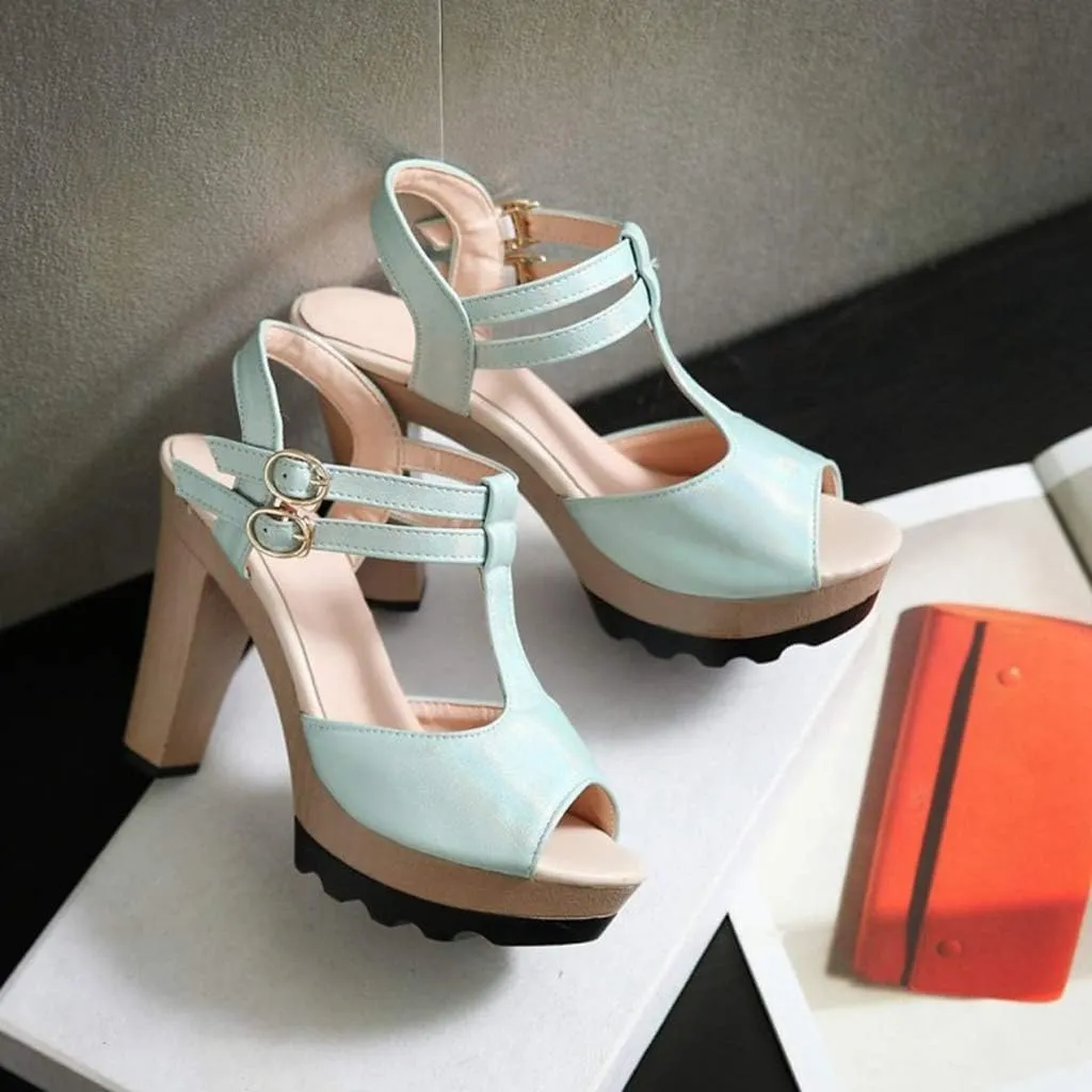 MIOKE Women's Platform Chunky High Heel Sandals T-strap Peep Toe Ankle Strap Block Heeled Dress Sandal
