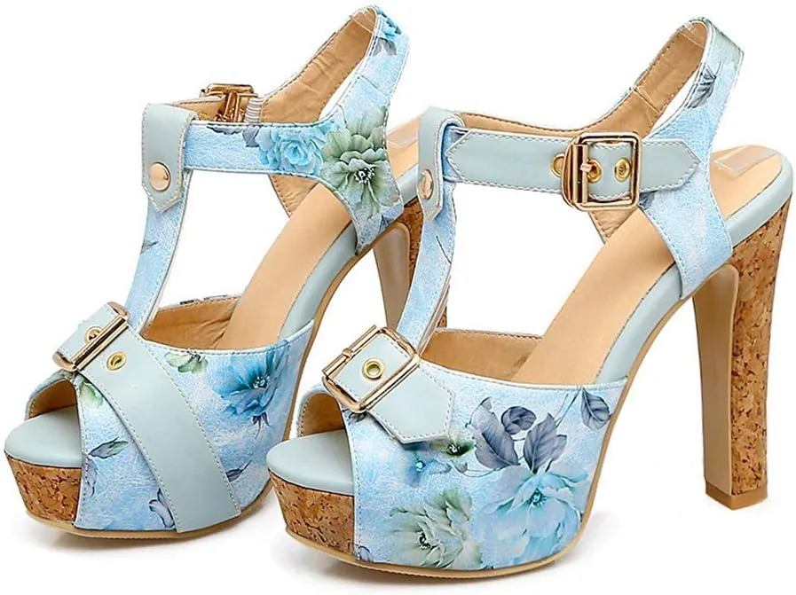 MIOKE Women's Platform Chunky High Heel Sandals T-strap Peep Toe Ankle Strap Block Heeled Dress Sandal
