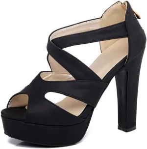 MIOKE Women's Platform High Heel Sandals Sexy Peep Toe Crisscross Strappy Zip Chunky Block Heeled Sandal