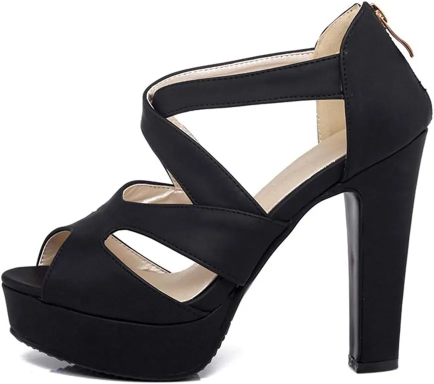 MIOKE Women's Platform High Heel Sandals Sexy Peep Toe Crisscross Strappy Zip Chunky Block Heeled Sandal