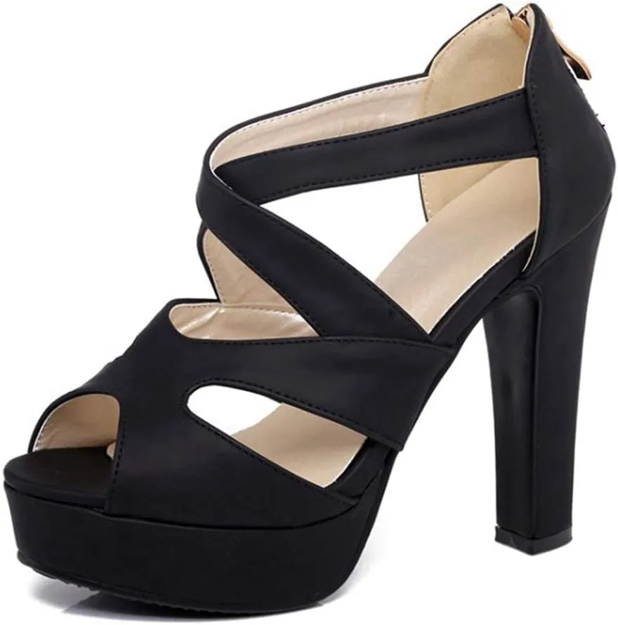 MIOKE Women's Platform High Heel Sandals Sexy Peep Toe Crisscross Strappy Zip Chunky Block Heeled Sandal
