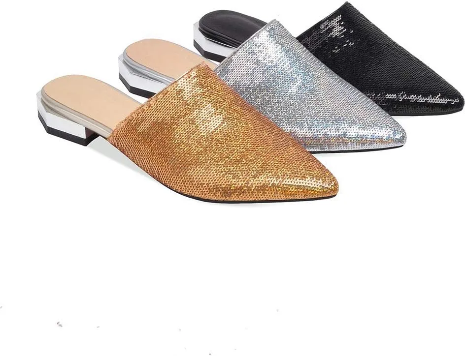 MIOKE Women's Pointed Toe Slip On Flat Slide Sandals Fashion Clear Comfort Backless Dress Mule Slippers