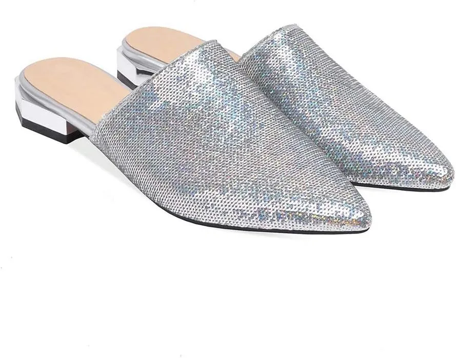 MIOKE Women's Pointed Toe Slip On Flat Slide Sandals Fashion Clear Comfort Backless Dress Mule Slippers