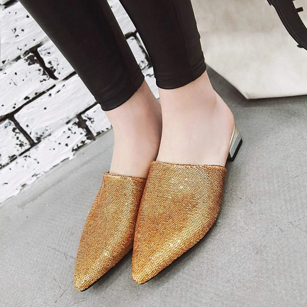 MIOKE Women's Pointed Toe Slip On Flat Slide Sandals Fashion Clear Comfort Backless Dress Mule Slippers
