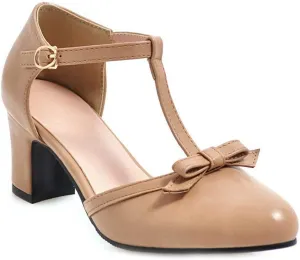 MIOKE Women's Retro T-Strap Mary Jane Pumps Round Toe Chunky Block Heel Classic Vintage Dress Oxford Shoes