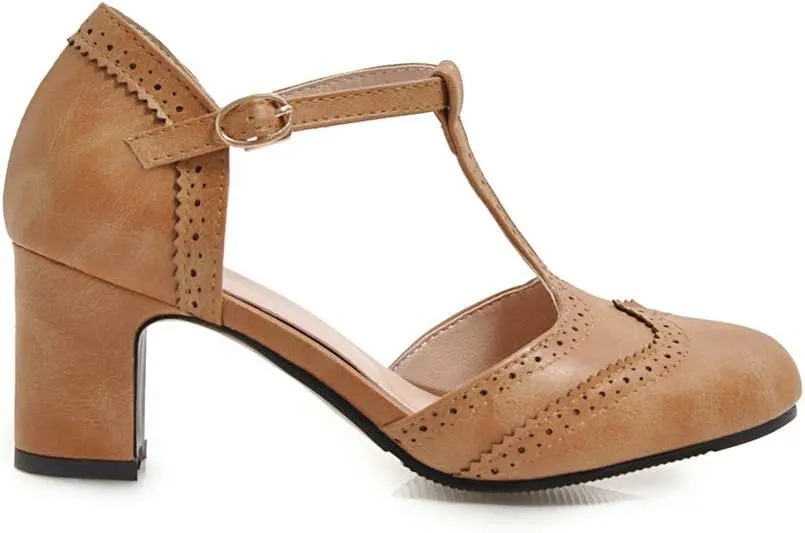 MIOKE Women's Retro T-Strap Mary Jane Pumps Round Toe Perforated Block Heel Vintage Brogue Oxford Shoes