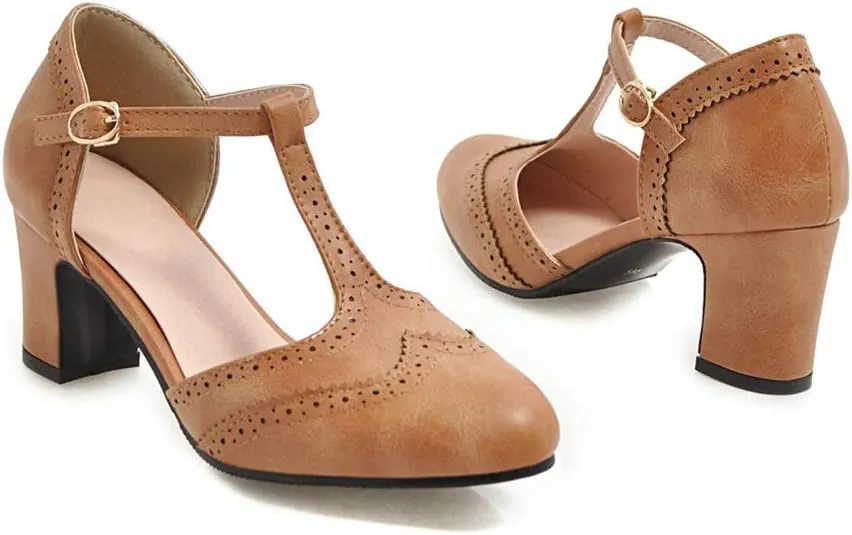 MIOKE Women's Retro T-Strap Mary Jane Pumps Round Toe Perforated Block Heel Vintage Brogue Oxford Shoes