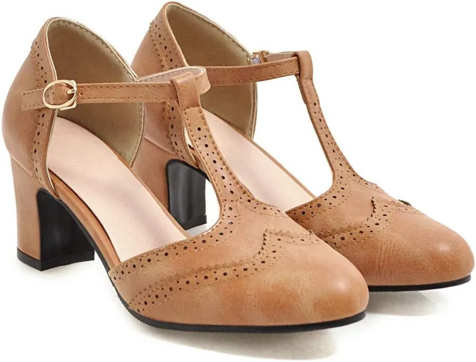 MIOKE Women's Retro T-Strap Mary Jane Pumps Round Toe Perforated Block Heel Vintage Brogue Oxford Shoes