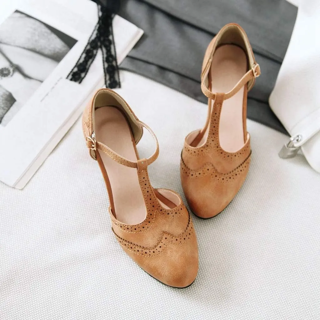 MIOKE Women's Retro T-Strap Mary Jane Pumps Round Toe Perforated Block Heel Vintage Brogue Oxford Shoes