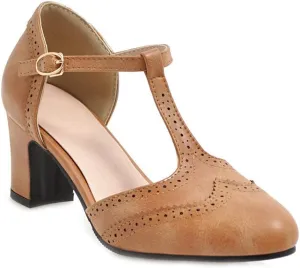 MIOKE Women's Retro T-Strap Mary Jane Pumps Round Toe Perforated Block Heel Vintage Brogue Oxford Shoes