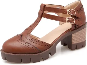 MIOKE Women's Retro T-Strap Mary Jane Pumps Round Toe Perforated Platform Block Heel Vintage Oxford Shoes