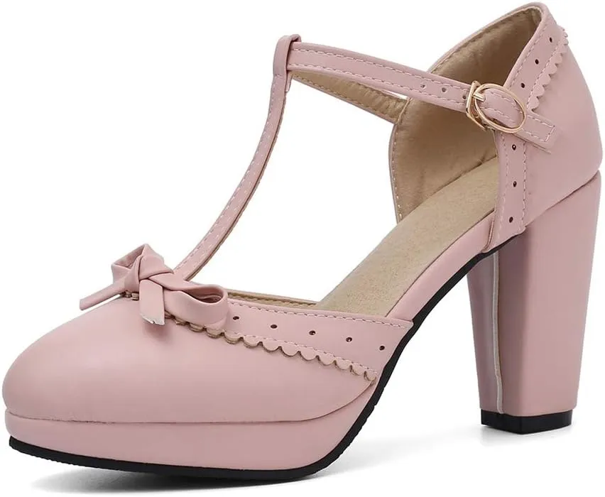 MIOKE Women's Retro T-Strap Mary Jane Pumps Round Toe Platform Chunky Block High Heel Vintage Oxford Shoes