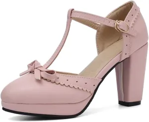 MIOKE Women's Retro T-Strap Mary Jane Pumps Round Toe Platform Chunky Block High Heel Vintage Oxford Shoes