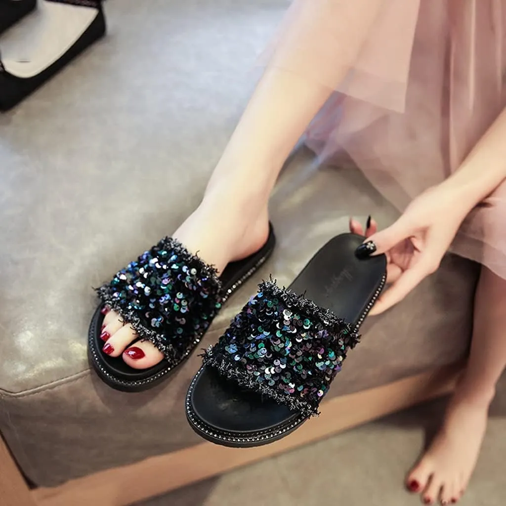 MIOKE Women's Slip On Platform Slide Sandals Glitter Sequins Open Toe Summer Comfort Chunky Wedge Sandal