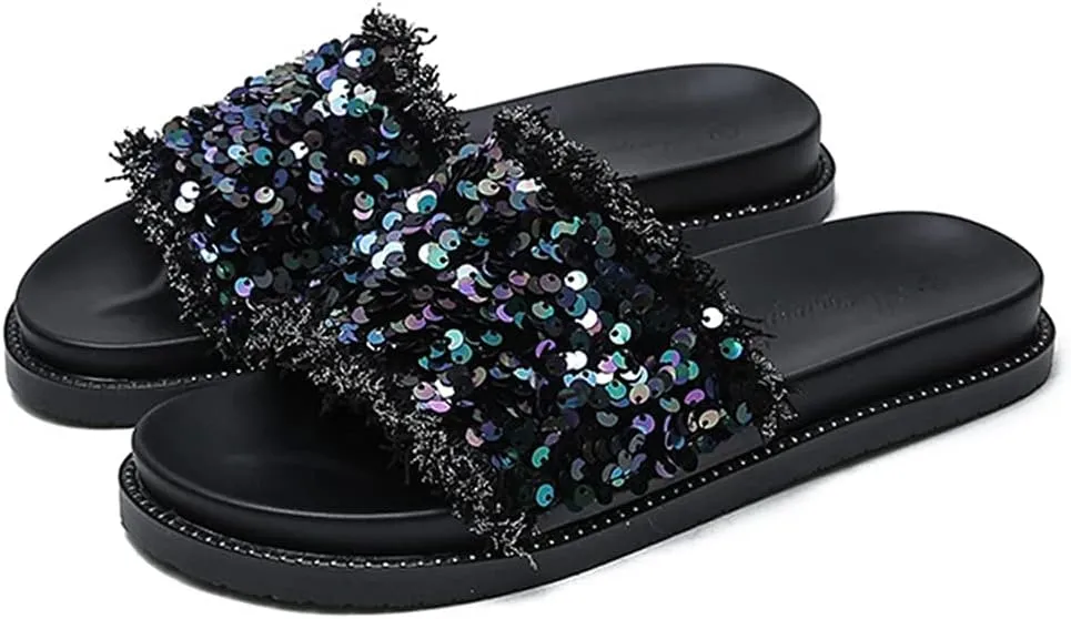 MIOKE Women's Slip On Platform Slide Sandals Glitter Sequins Open Toe Summer Comfort Chunky Wedge Sandal