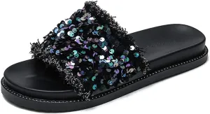 MIOKE Women's Slip On Platform Slide Sandals Glitter Sequins Open Toe Summer Comfort Chunky Wedge Sandal