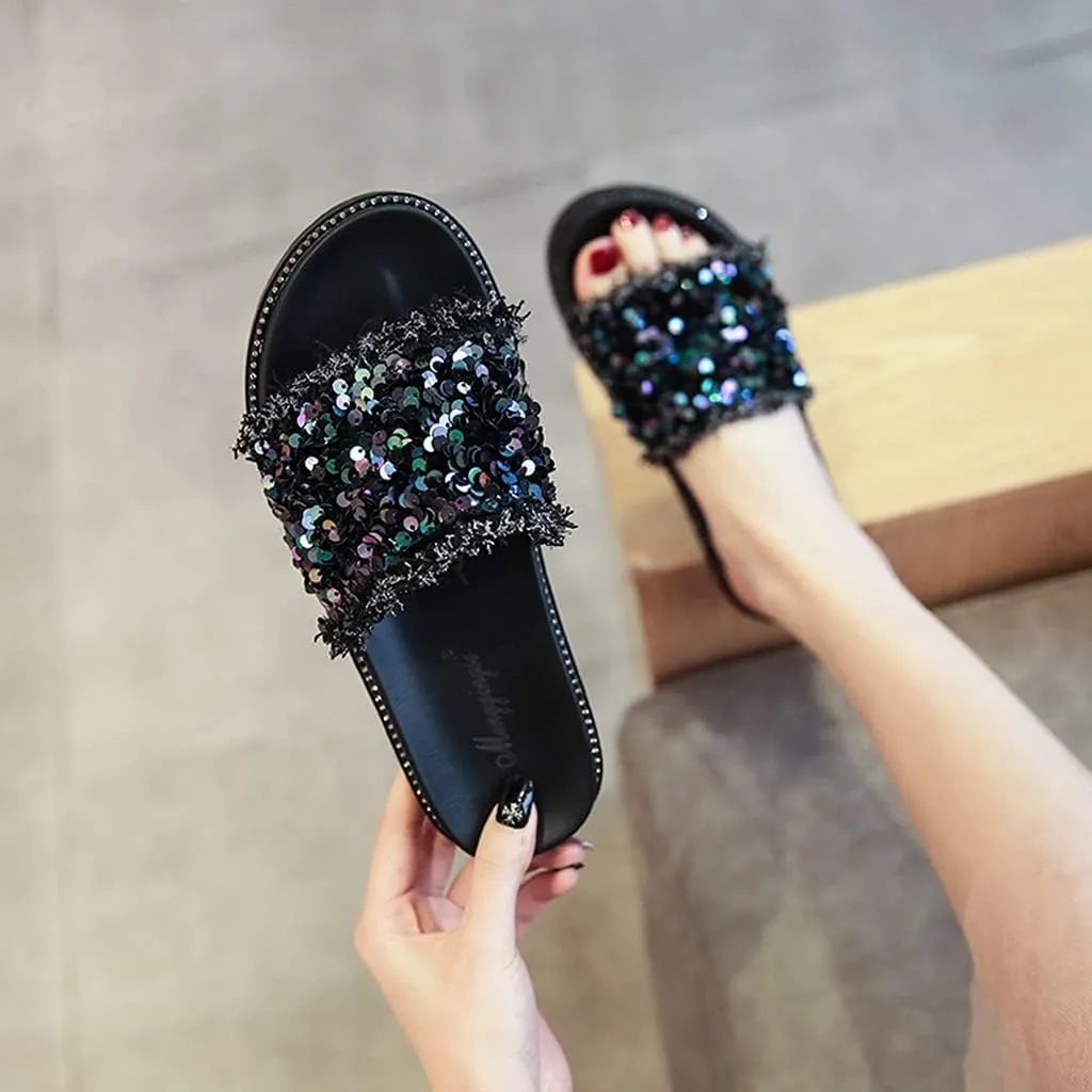 MIOKE Women's Slip On Platform Slide Sandals Glitter Sequins Open Toe Summer Comfort Chunky Wedge Sandal