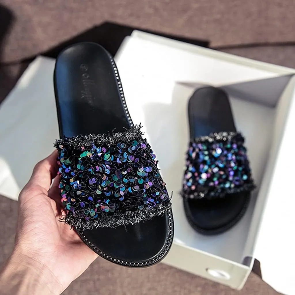 MIOKE Women's Slip On Platform Slide Sandals Glitter Sequins Open Toe Summer Comfort Chunky Wedge Sandal