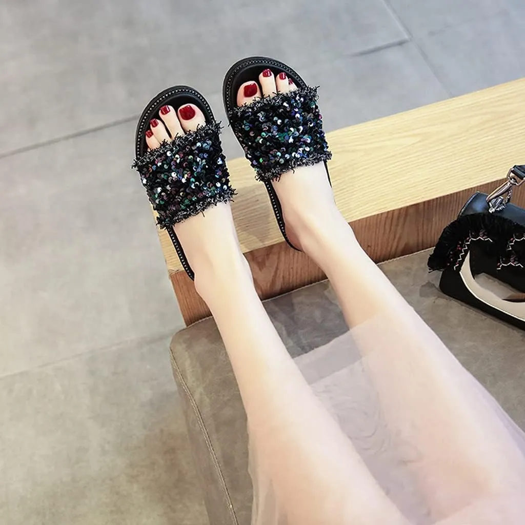 MIOKE Women's Slip On Platform Slide Sandals Glitter Sequins Open Toe Summer Comfort Chunky Wedge Sandal