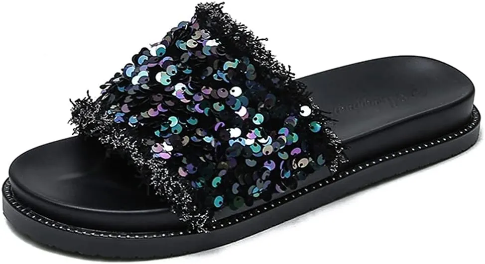 MIOKE Women's Slip On Platform Slide Sandals Glitter Sequins Open Toe Summer Comfort Chunky Wedge Sandal
