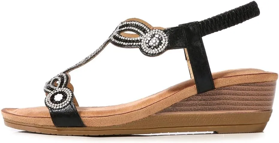 MIOKE Women's Sparkly Rhinestone T-strap Wedge Sandals Boho Open Toe Platform Elastic Retro Dress Shoes