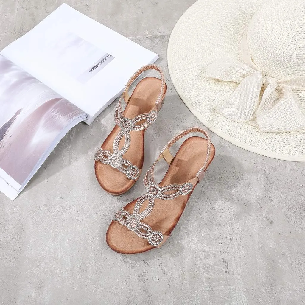 MIOKE Women's Sparkly Rhinestone T-strap Wedge Sandals Boho Open Toe Platform Elastic Retro Dress Shoes