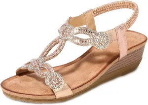 MIOKE Women's Sparkly Rhinestone T-strap Wedge Sandals Boho Open Toe Platform Elastic Retro Dress Shoes