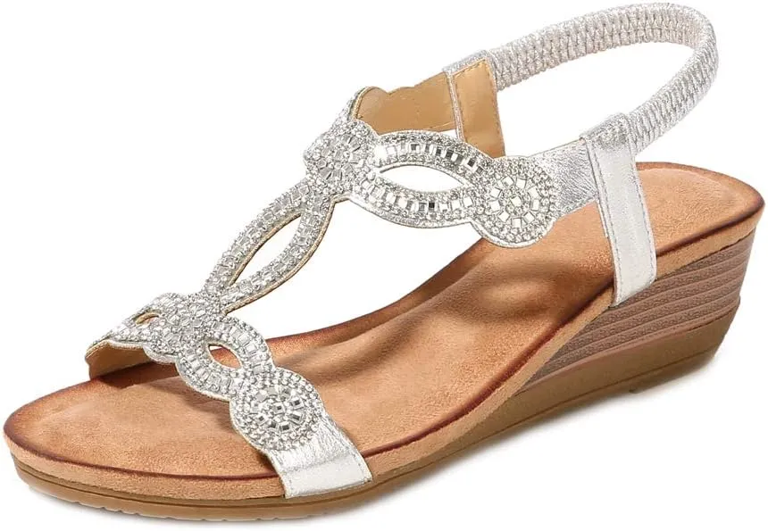 MIOKE Women's Sparkly Rhinestone T-strap Wedge Sandals Boho Open Toe Platform Elastic Retro Dress Shoes
