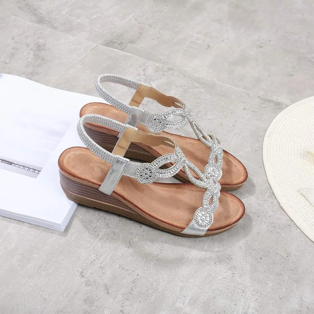 MIOKE Women's Sparkly Rhinestone T-strap Wedge Sandals Boho Open Toe Platform Elastic Retro Dress Shoes