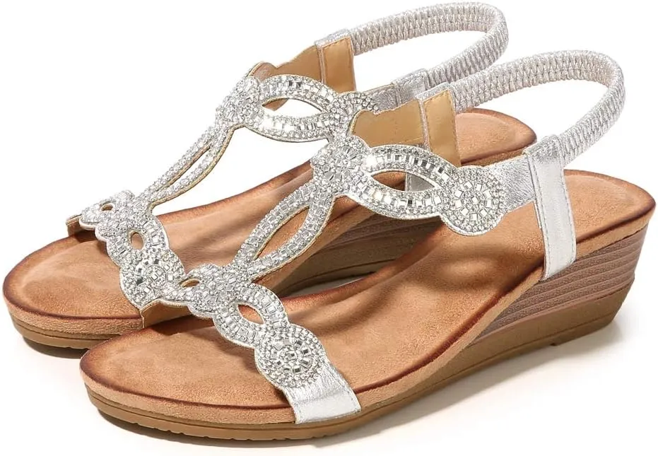 MIOKE Women's Sparkly Rhinestone T-strap Wedge Sandals Boho Open Toe Platform Elastic Retro Dress Shoes