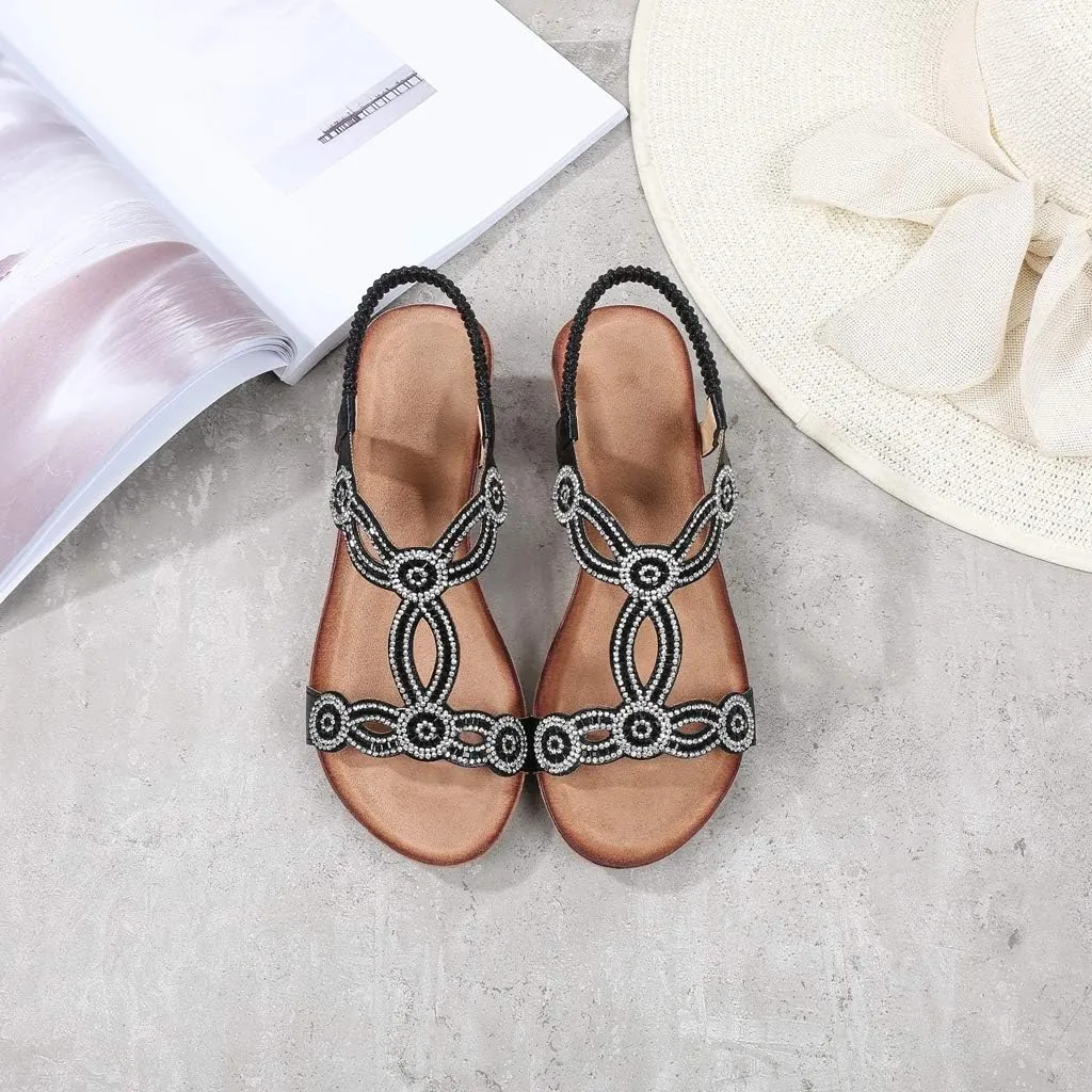 MIOKE Women's Sparkly Rhinestone T-strap Wedge Sandals Boho Open Toe Platform Elastic Retro Dress Shoes