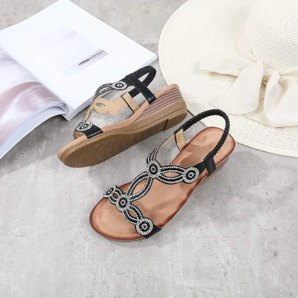 MIOKE Women's Sparkly Rhinestone T-strap Wedge Sandals Boho Open Toe Platform Elastic Retro Dress Shoes