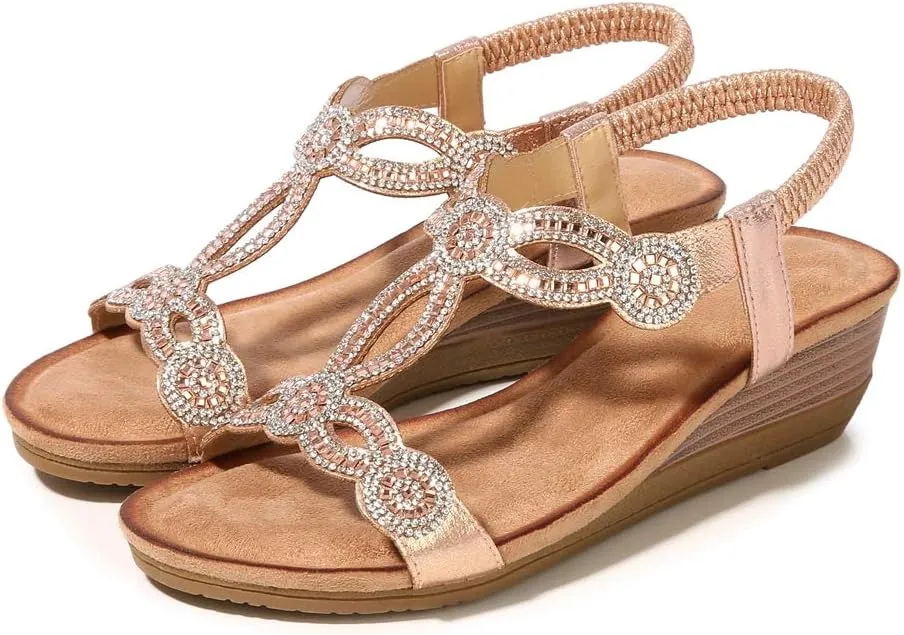 MIOKE Women's Sparkly Rhinestone T-strap Wedge Sandals Boho Open Toe Platform Elastic Retro Dress Shoes