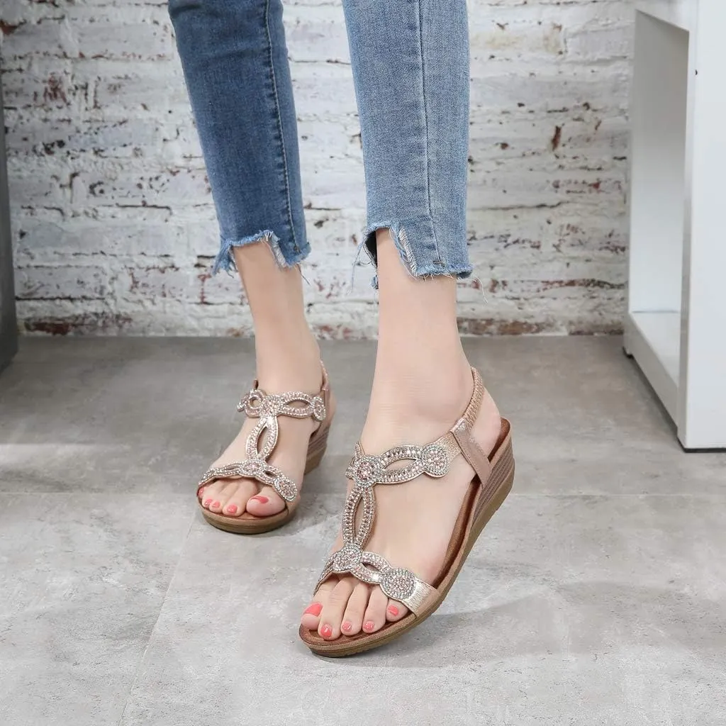 MIOKE Women's Sparkly Rhinestone T-strap Wedge Sandals Boho Open Toe Platform Elastic Retro Dress Shoes