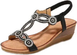 MIOKE Women's Sparkly Rhinestone T-strap Wedge Sandals Boho Open Toe Platform Elastic Retro Dress Shoes