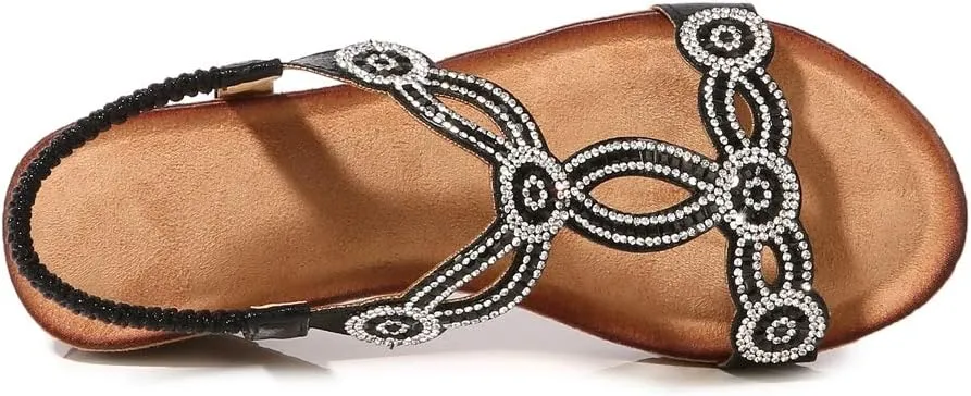 MIOKE Women's Sparkly Rhinestone T-strap Wedge Sandals Boho Open Toe Platform Elastic Retro Dress Shoes