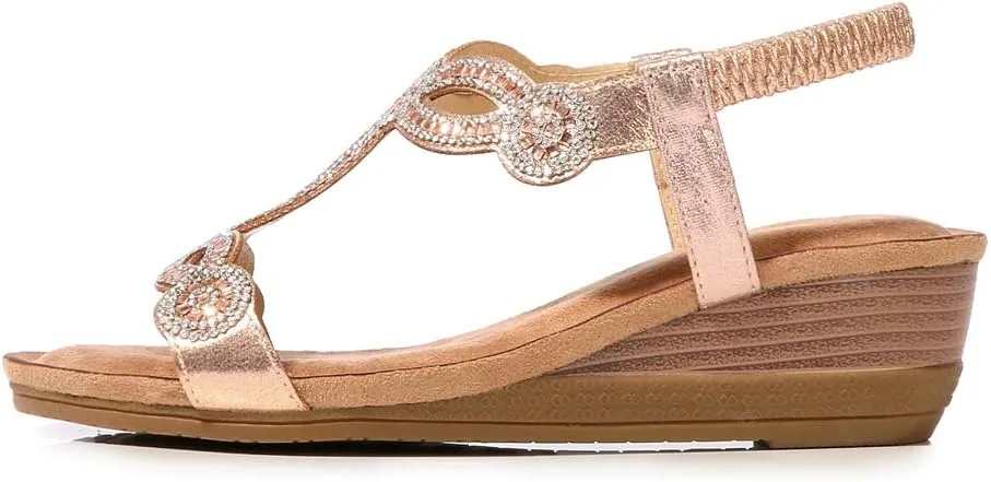 MIOKE Women's Sparkly Rhinestone T-strap Wedge Sandals Boho Open Toe Platform Elastic Retro Dress Shoes