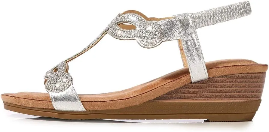 MIOKE Women's Sparkly Rhinestone T-strap Wedge Sandals Boho Open Toe Platform Elastic Retro Dress Shoes