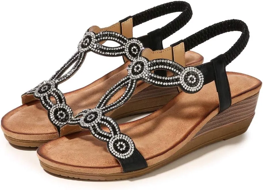 MIOKE Women's Sparkly Rhinestone T-strap Wedge Sandals Boho Open Toe Platform Elastic Retro Dress Shoes
