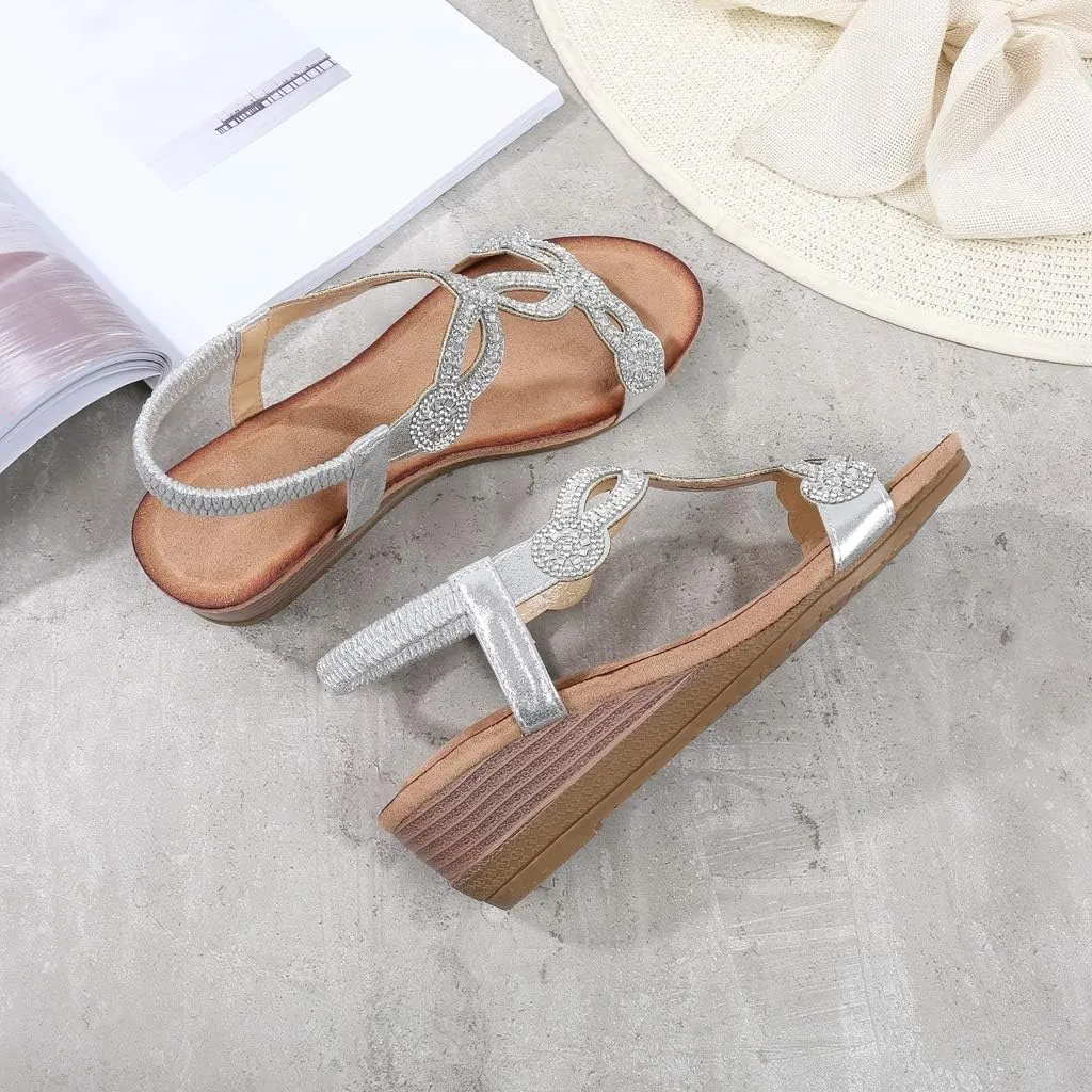 MIOKE Women's Sparkly Rhinestone T-strap Wedge Sandals Boho Open Toe Platform Elastic Retro Dress Shoes