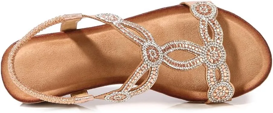 MIOKE Women's Sparkly Rhinestone T-strap Wedge Sandals Boho Open Toe Platform Elastic Retro Dress Shoes
