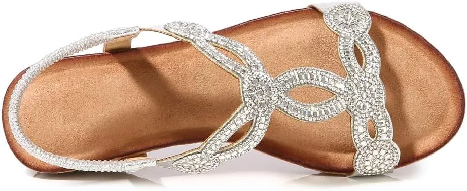 MIOKE Women's Sparkly Rhinestone T-strap Wedge Sandals Boho Open Toe Platform Elastic Retro Dress Shoes