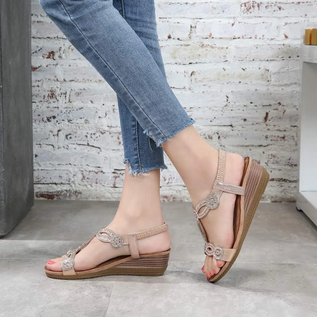 MIOKE Women's Sparkly Rhinestone T-strap Wedge Sandals Boho Open Toe Platform Elastic Retro Dress Shoes