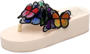 MIOKE Womens Summer Beach Platform Flip Flops Bohemian Butterfly High Heel Anti-Slip Thong Wedge Sandals
